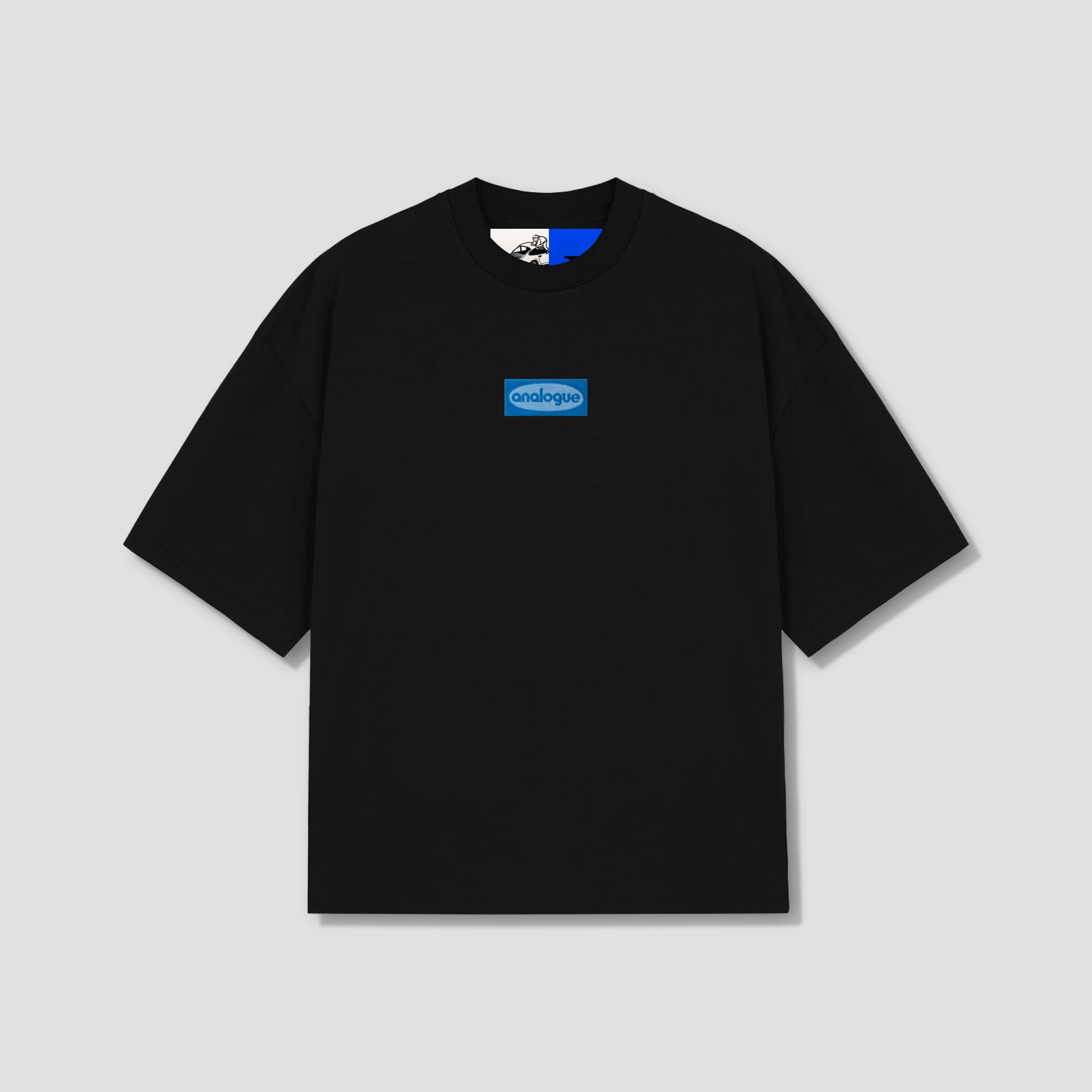 Front view of black heavy cotton T-shirt with logo for men and women