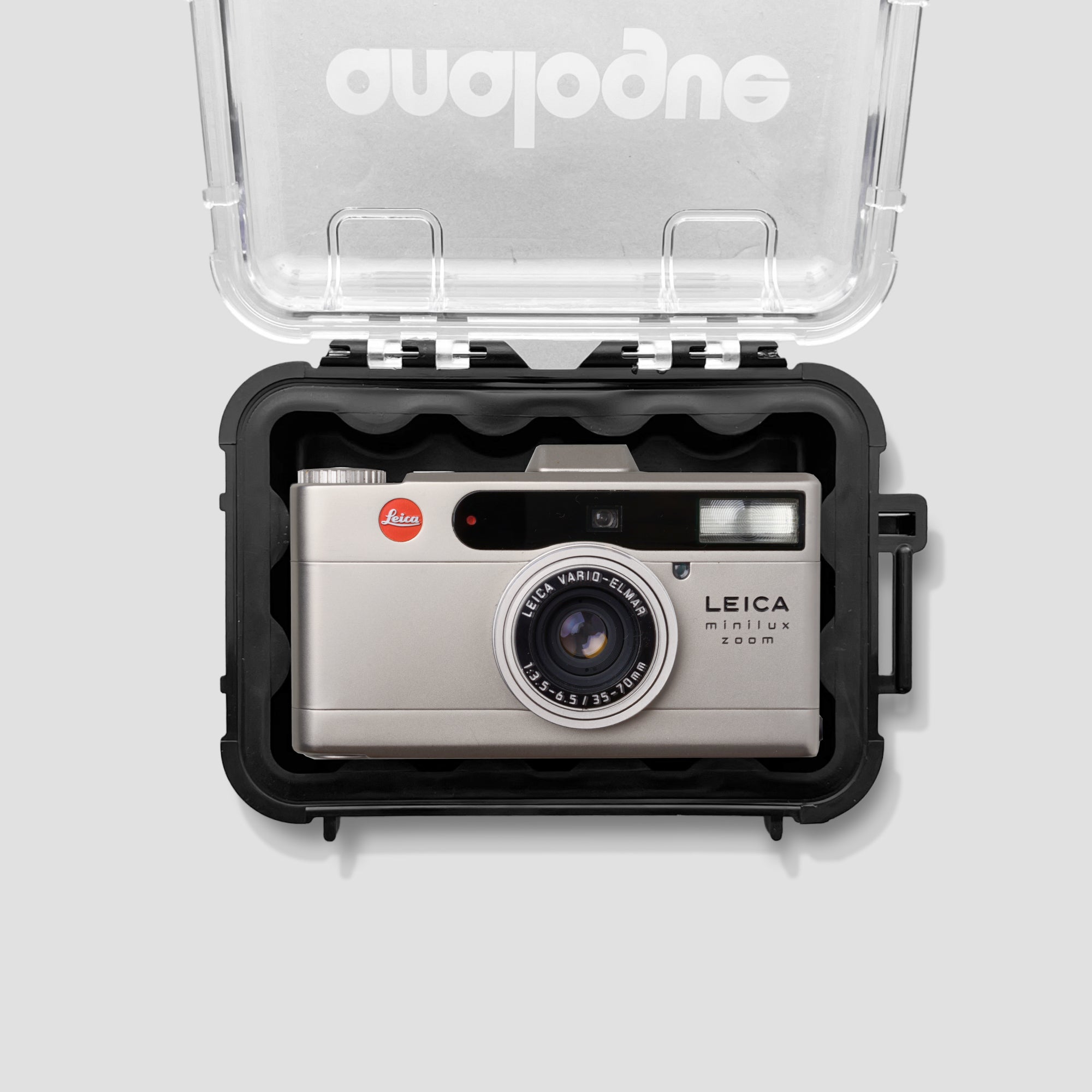 The waterproof case in an outdoor setting, demonstrating its waterproof and impact-resistant features.