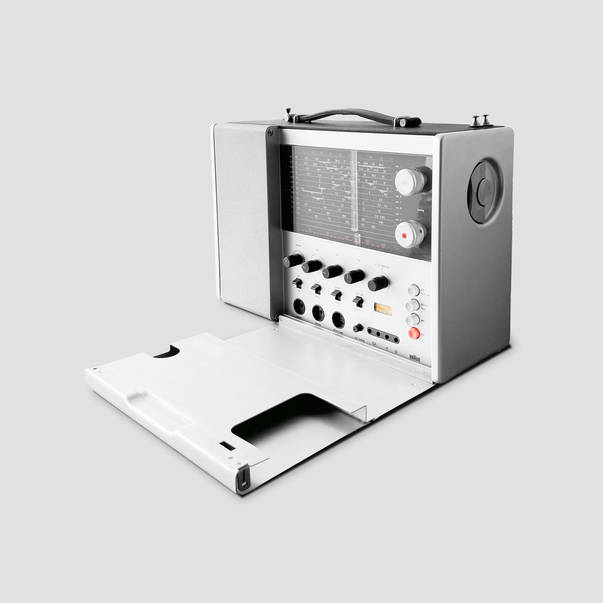 Side view of the Braun T1000 CD radio highlighting the restored aluminum finish.