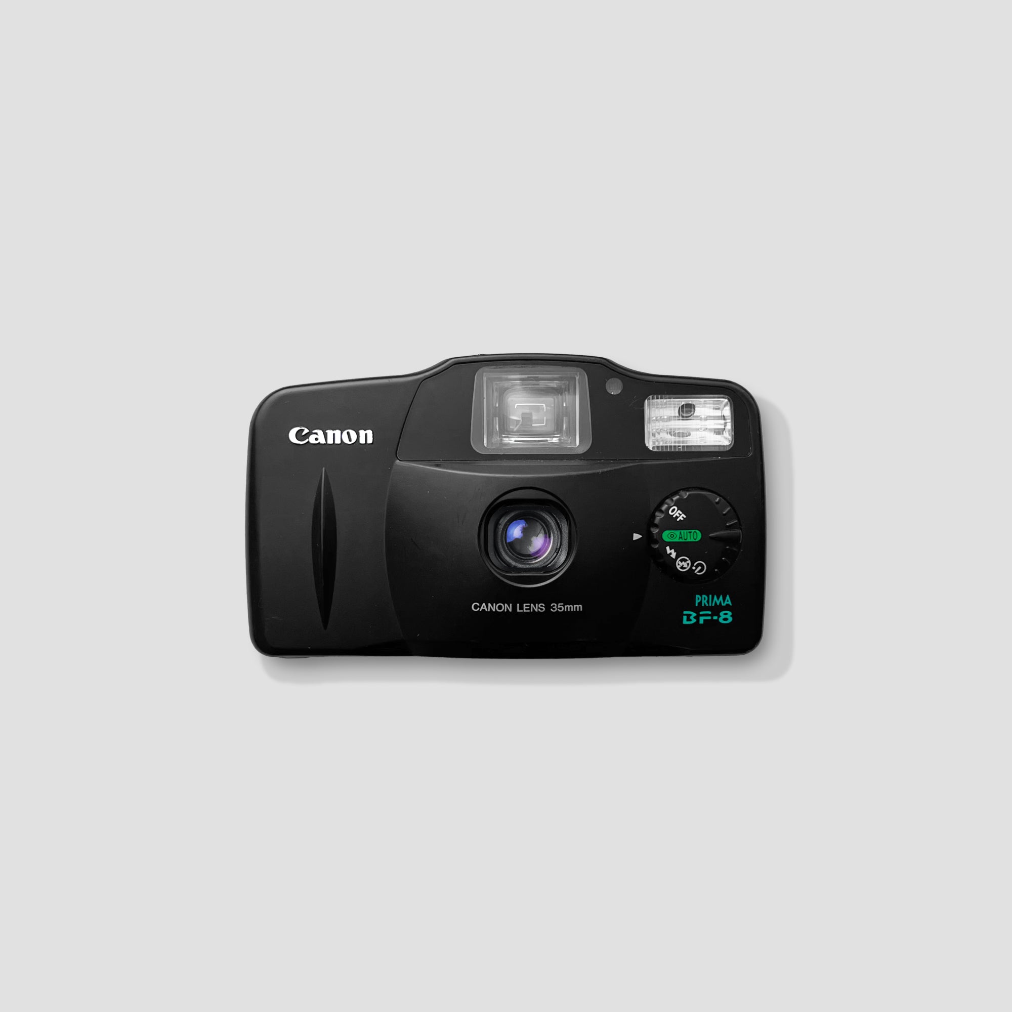 Canon Prima BF-8 compact film camera from the front showing the lens and flash