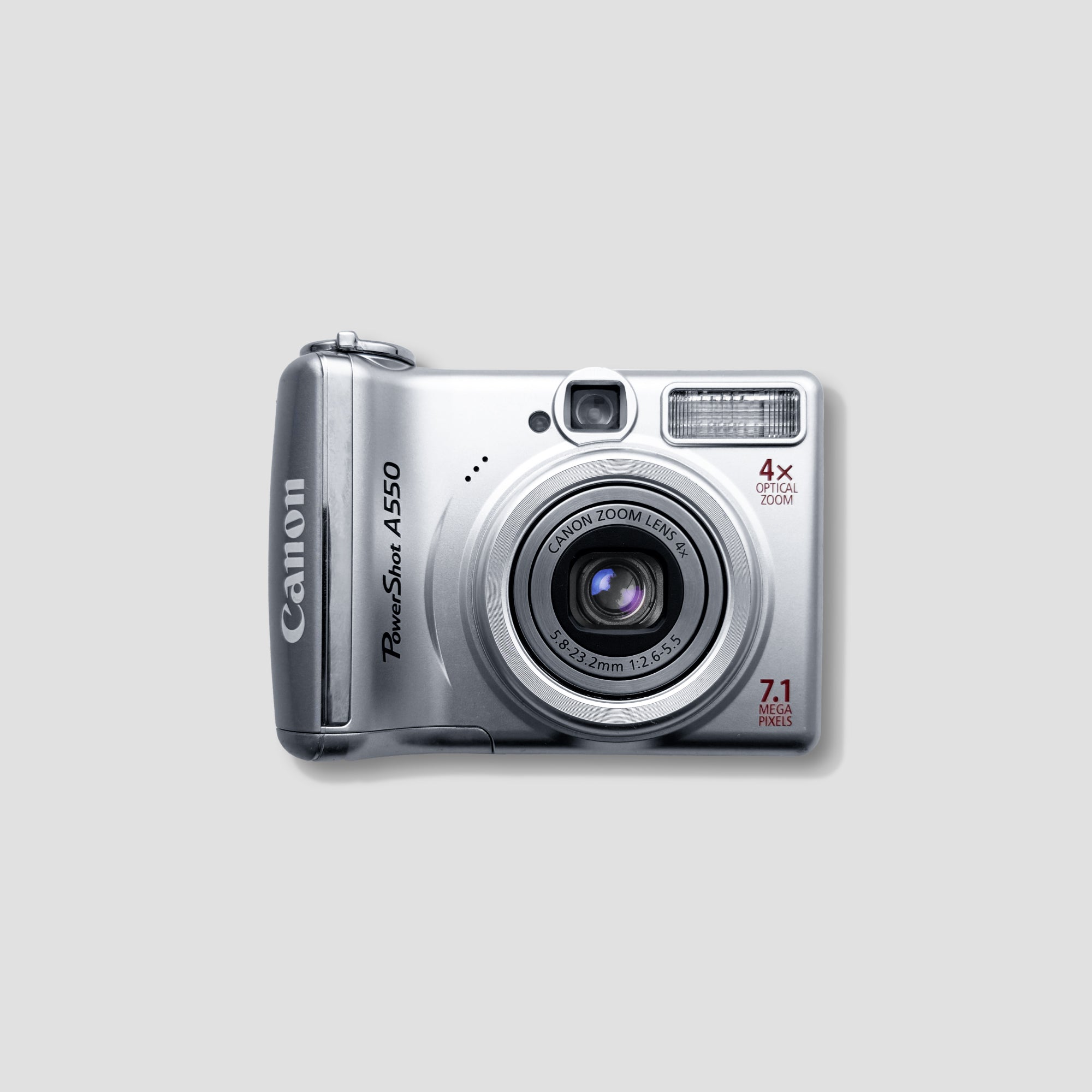 Front view of Canon PowerShot A550 compact digital camera showing lens and LCD screen