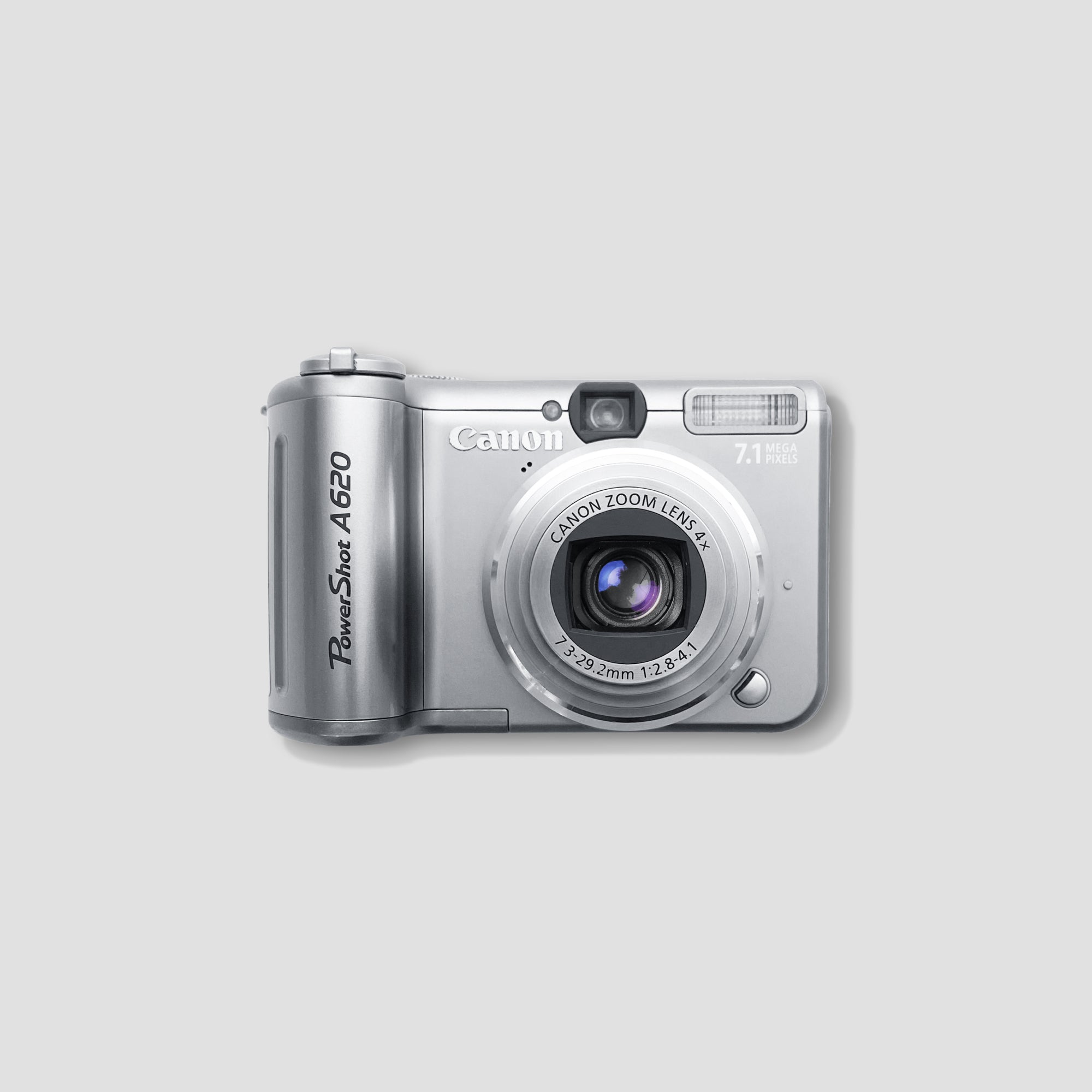 Front view of Canon PowerShot A620 compact camera highlighting its lens and controls.