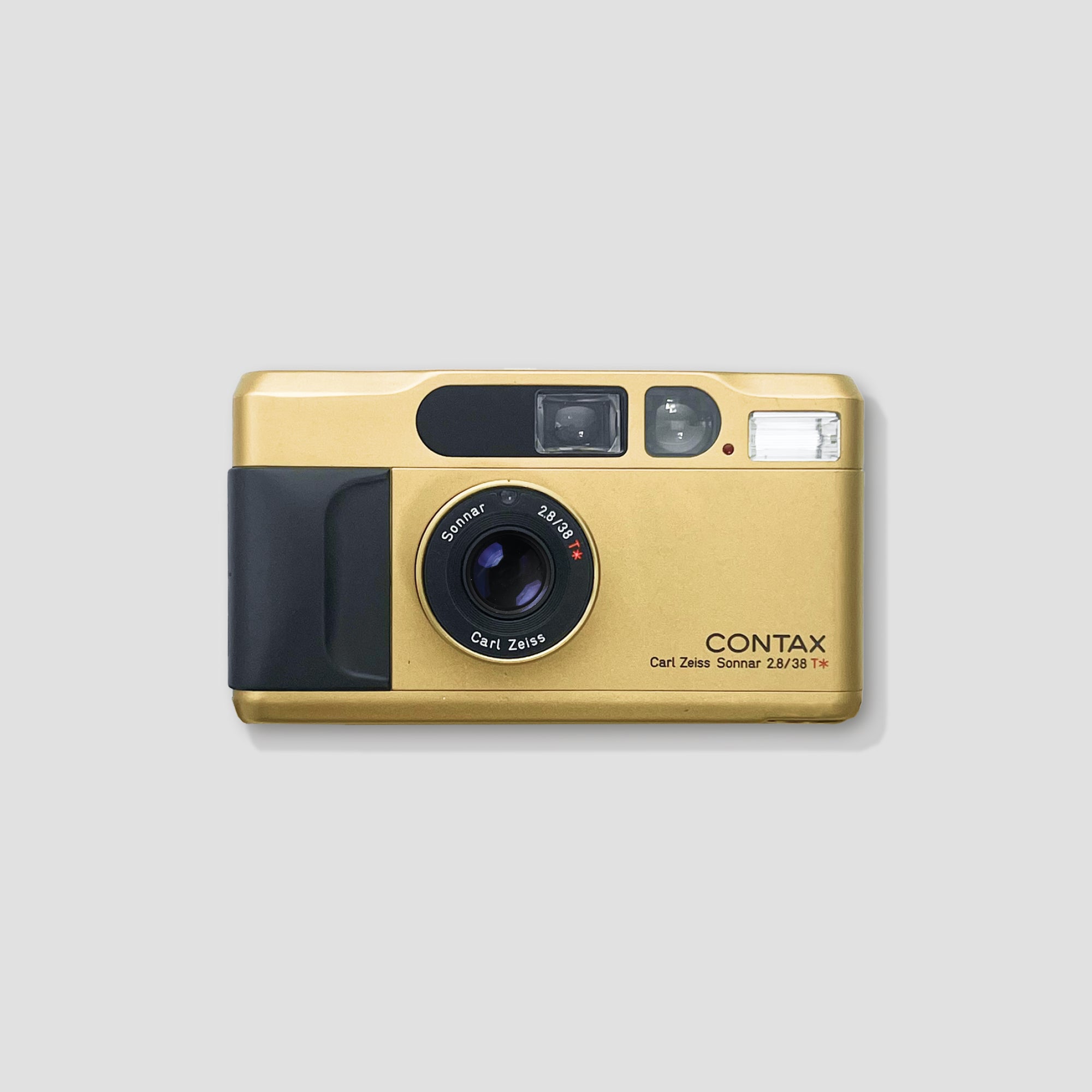 Front view of the Contax T2 Gold film camera highlighting its elegant design.