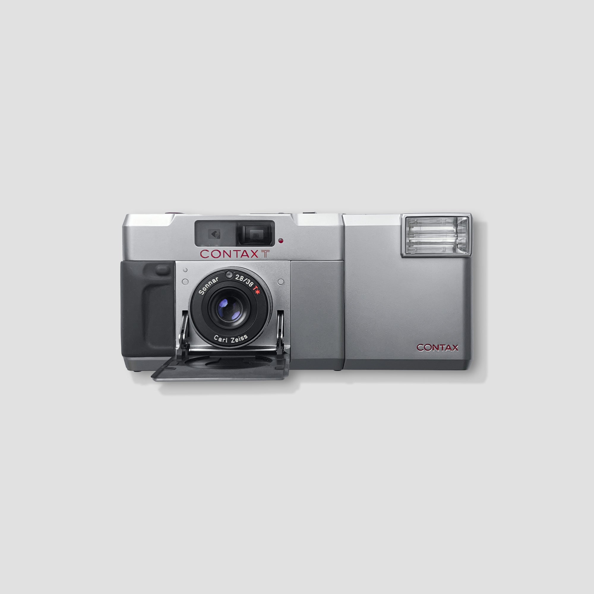 Close-up of Contax T camera showing its sleek design and lens