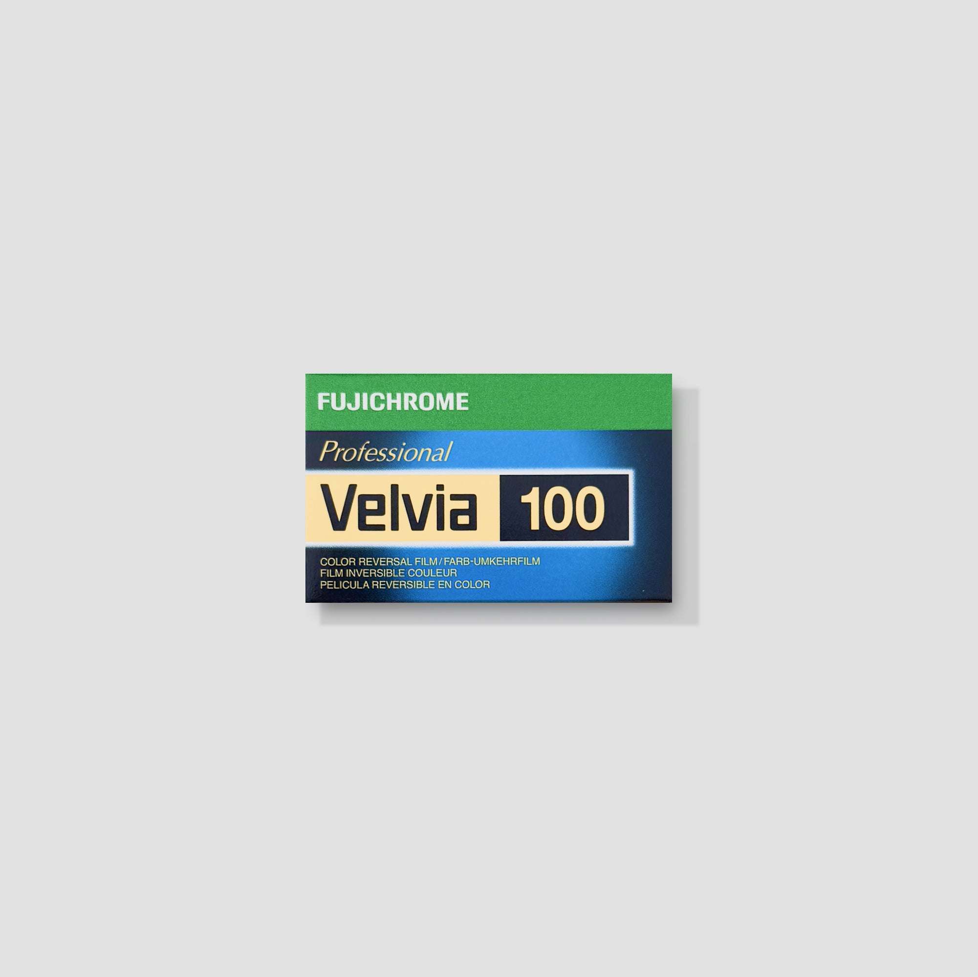 Fujichrome Velvia 100 slide film loaded in camera for landscape photography