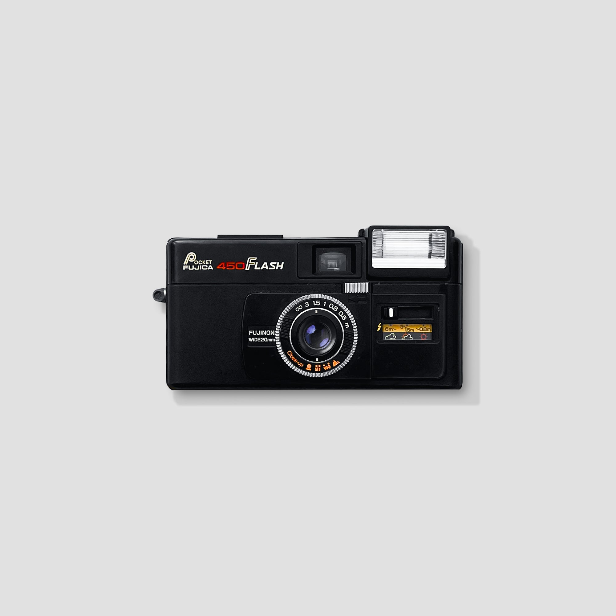 Fujifilm Pocket Fujica 450 Flash front view highlighting the compact size and lens