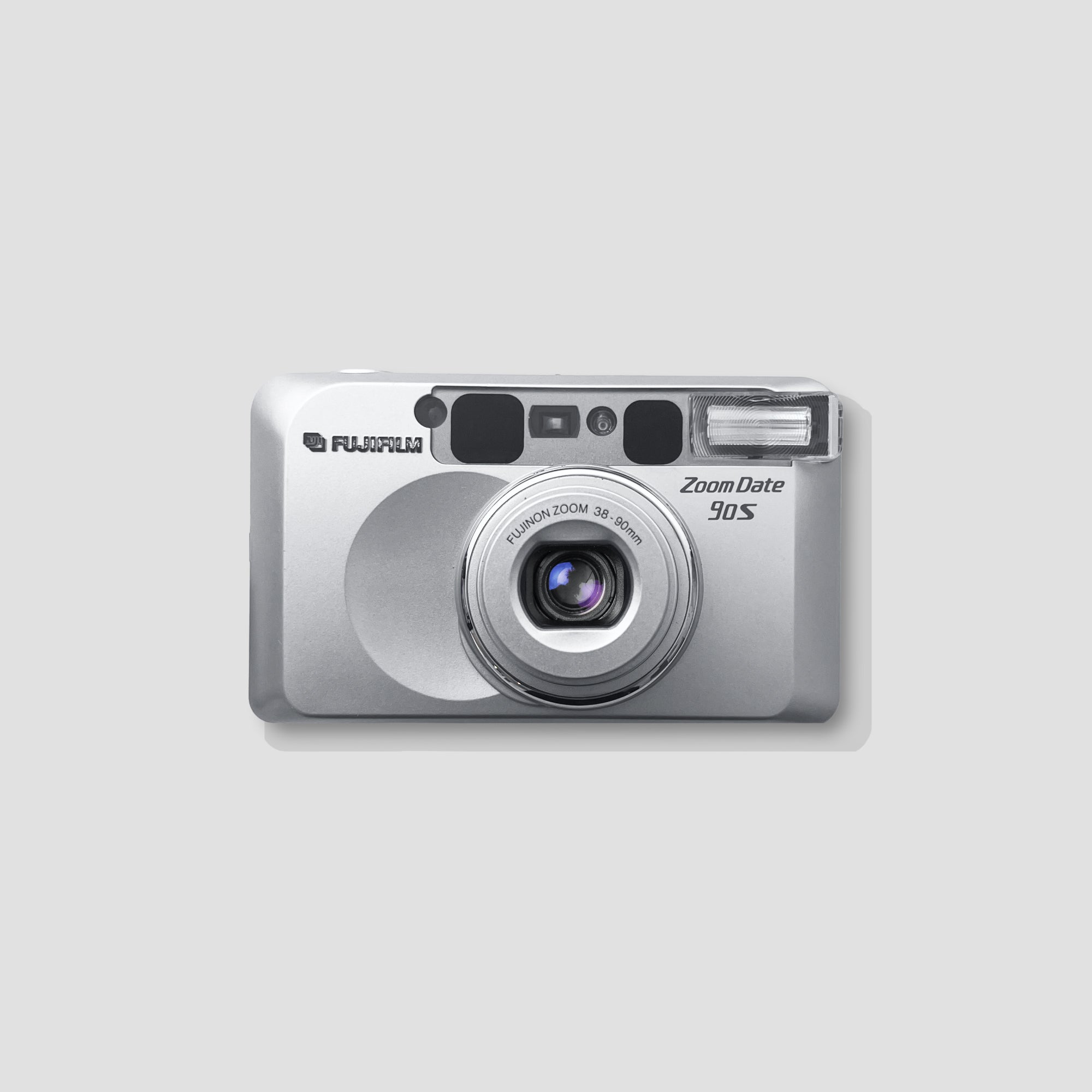 Front view of the Fujifilm Zoom Date 90S point and shoot camera showcasing its zoom lens.