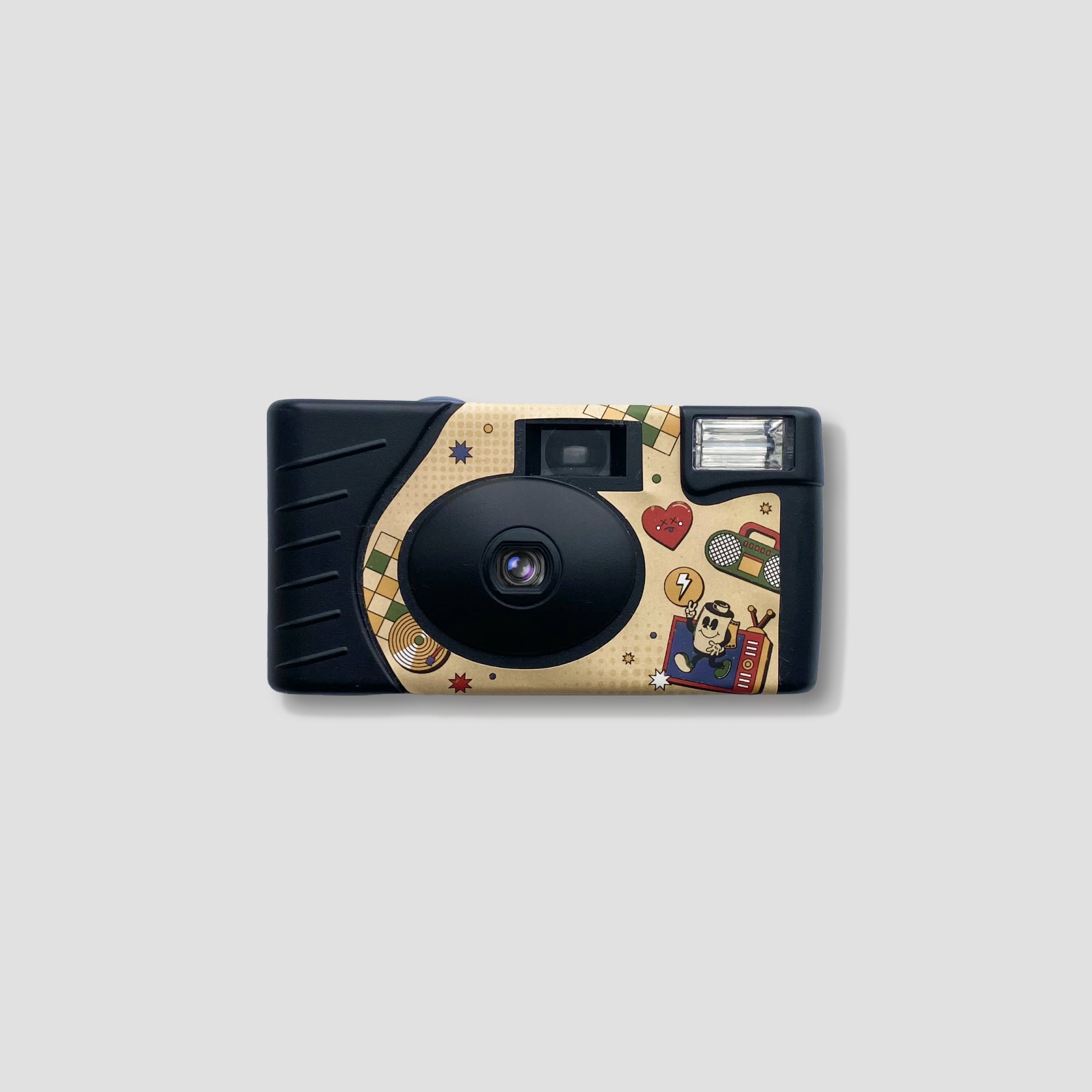 Front view of RetroSnap upcycled disposable camera showing flash and lens