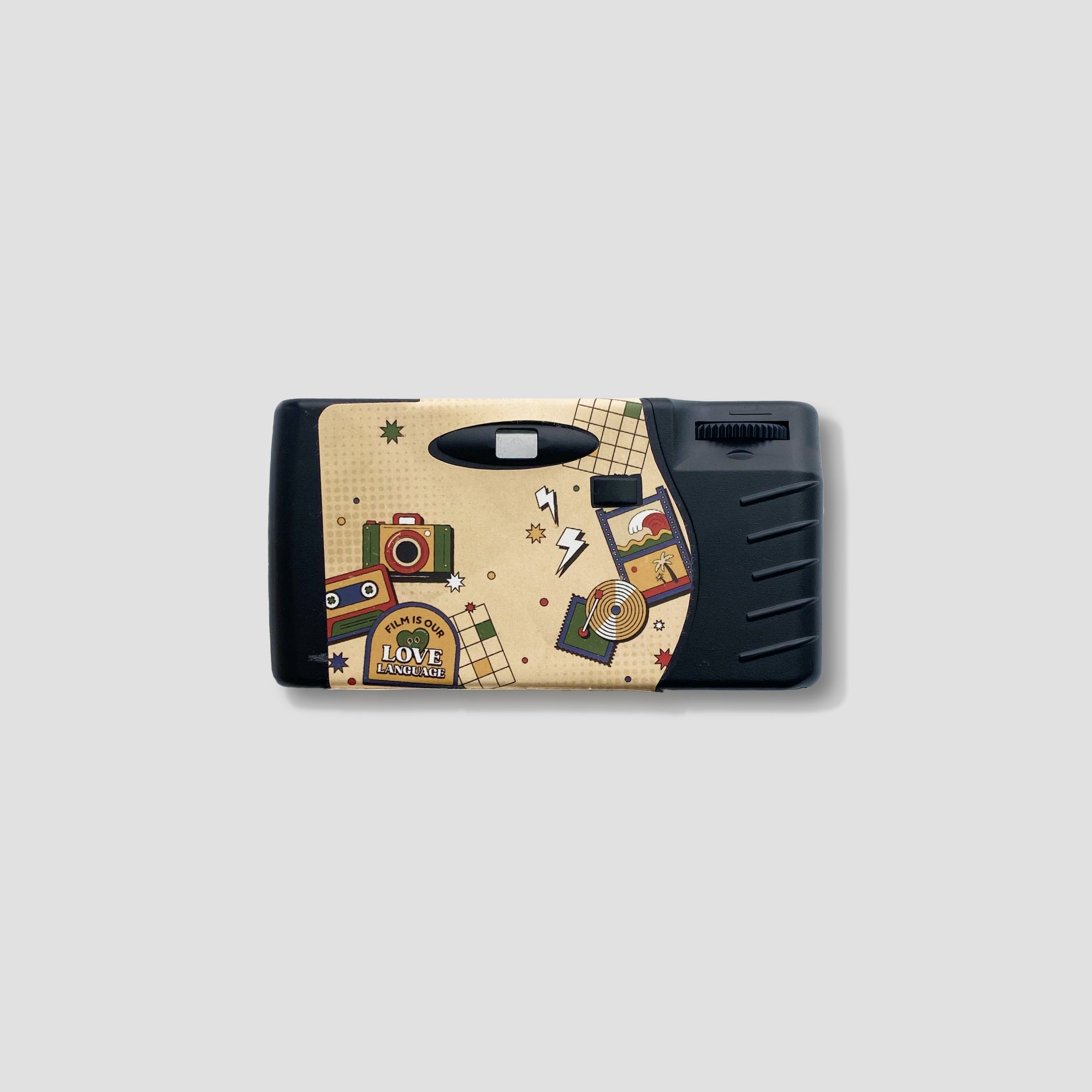 Front view of RetroSnap upcycled disposable camera showing flash and lens