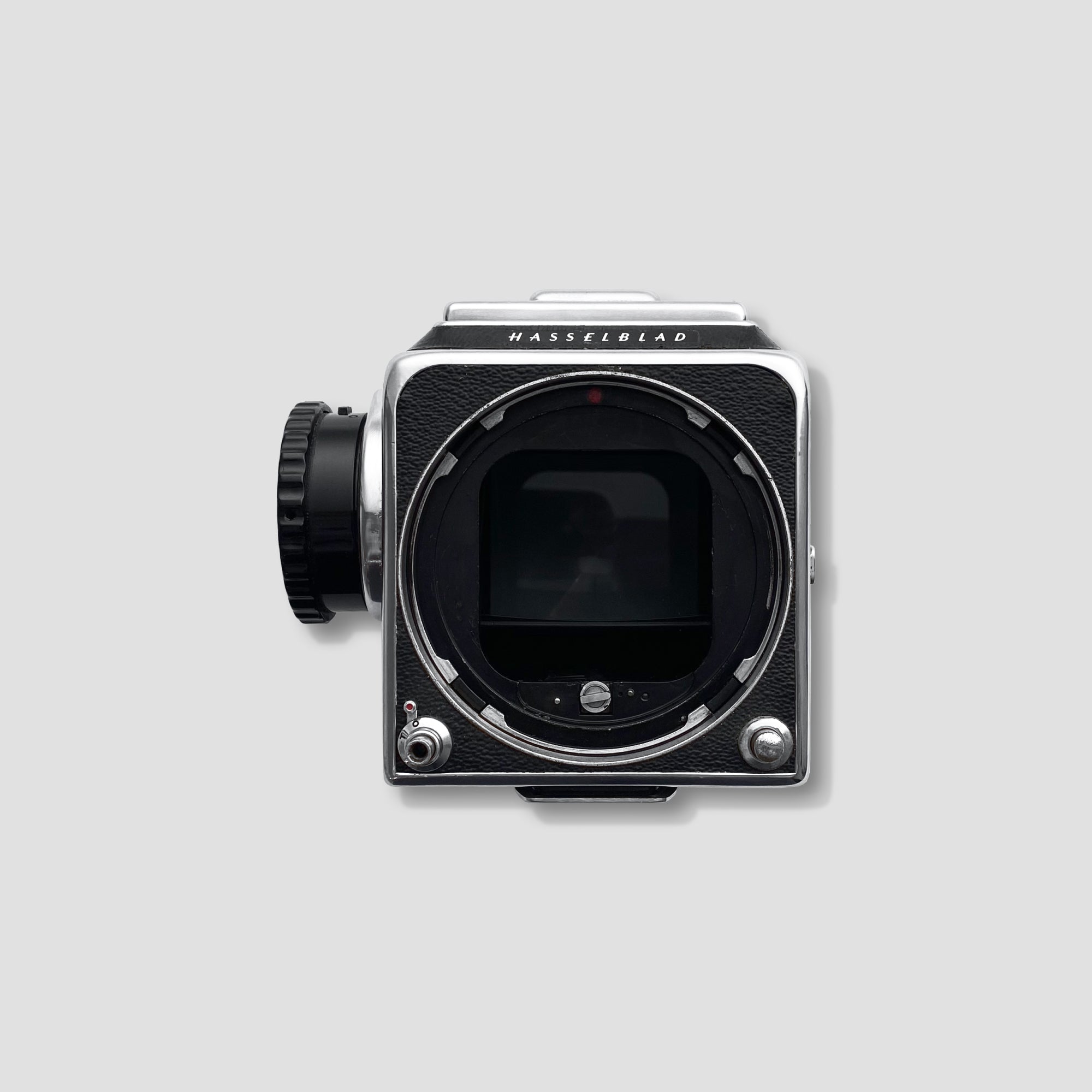 Hasselblad 500C film camera captured from the front angle, highlighting its classic design and functionality.