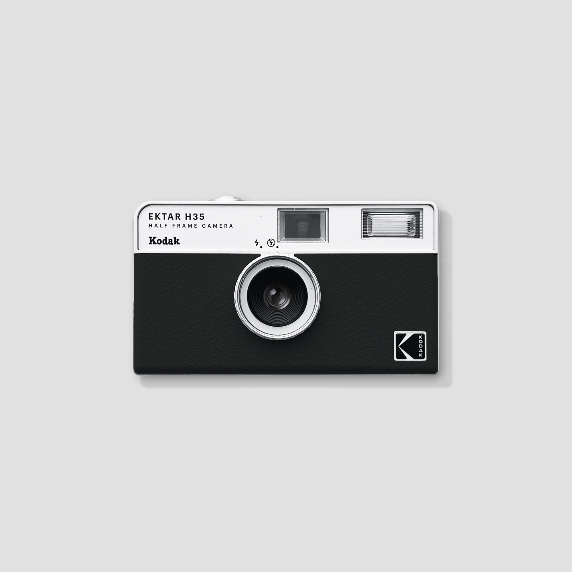 Close-up of Kodak Ektar H35 black 35mm film camera with manual focus lens