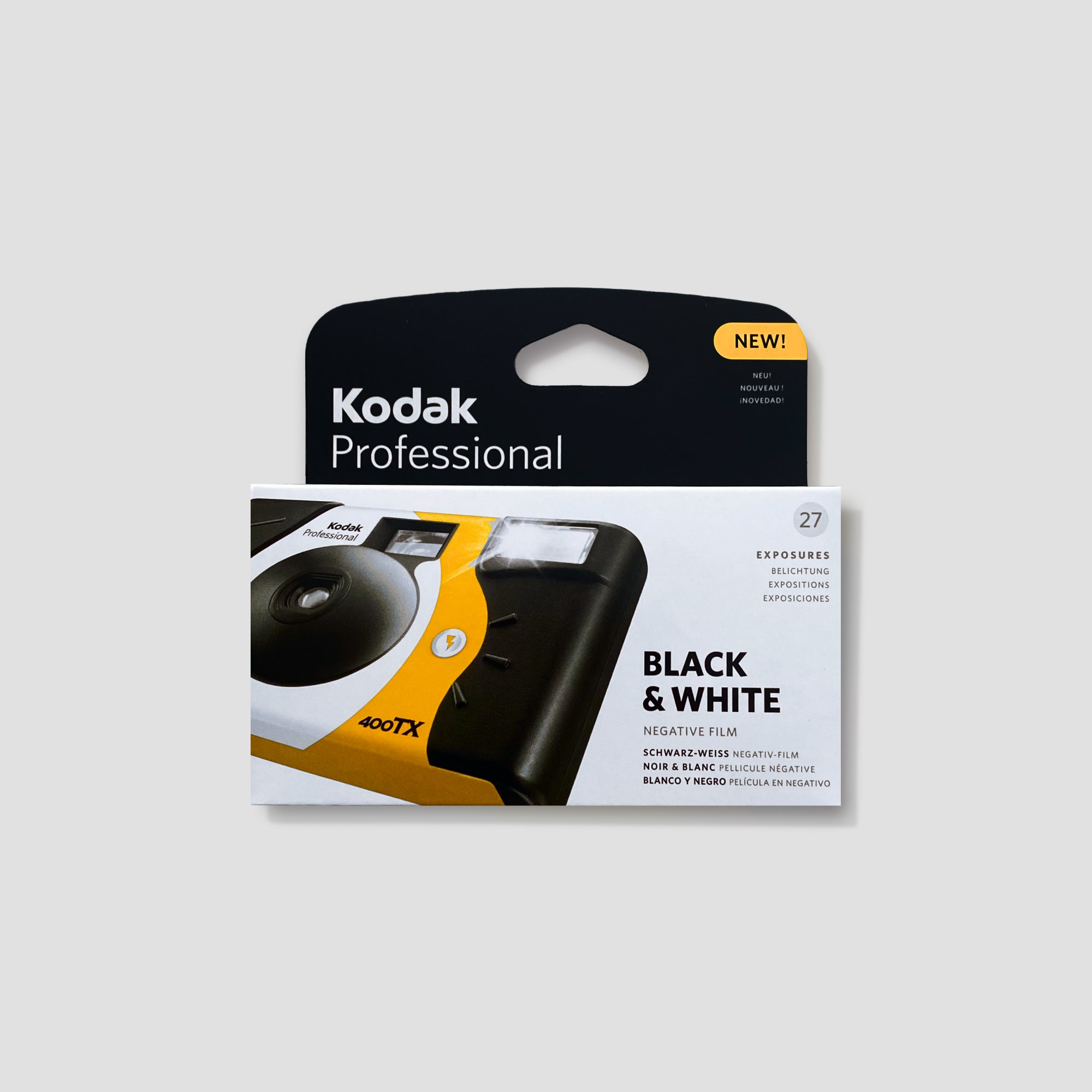 Front view of disposable camera with flash, perfect for beginners