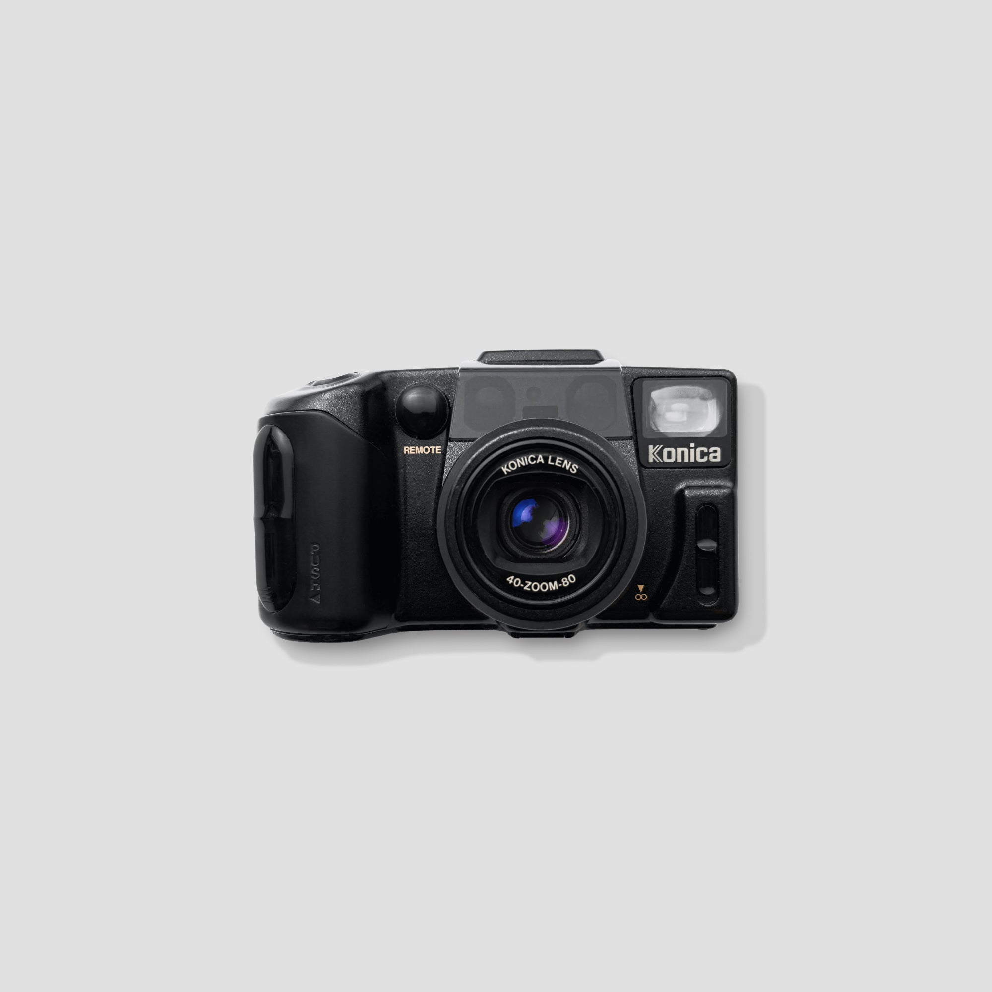 Front view of the Konica Z-up 80RC film camera highlighting its retro design and compact size