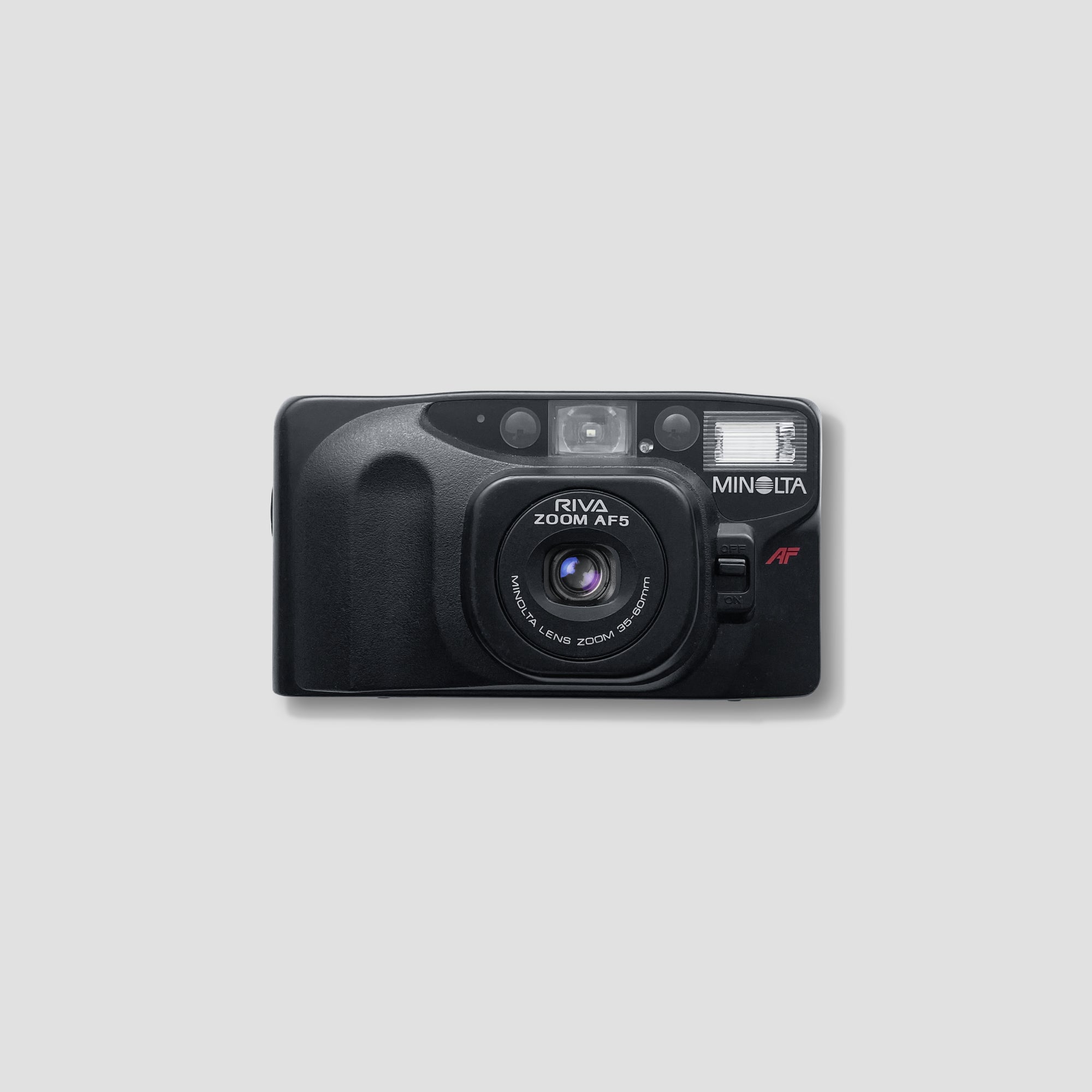 Front view of Minolta Riva AF5 point and shoot film camera with autofocus