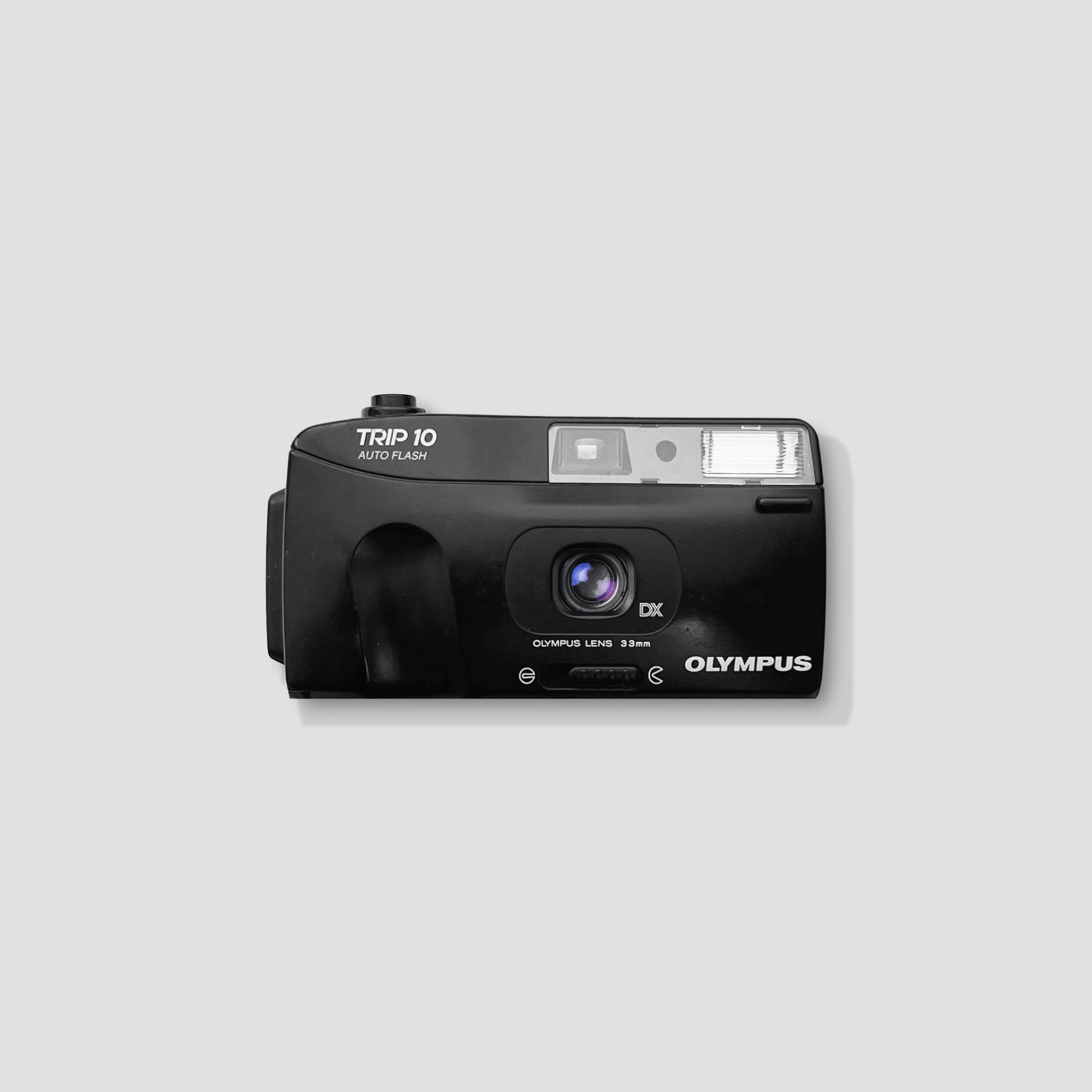 Front view of the Olympus Trip 10 point-and-shoot camera, showcasing its sleek design.