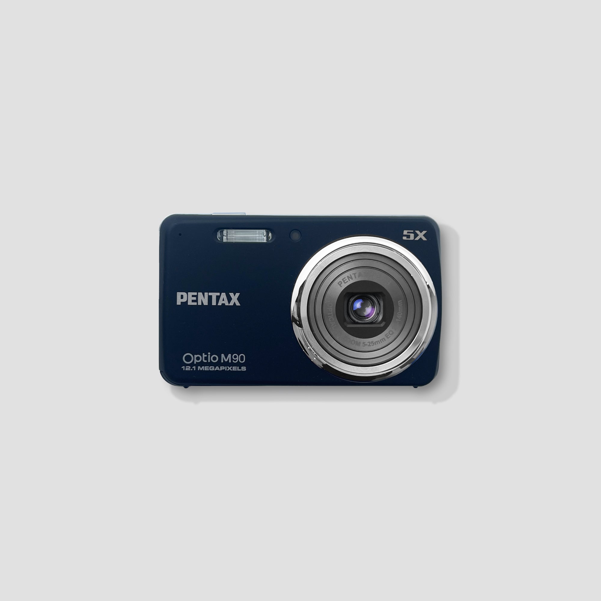 Front view of Pentax Optio M90 compact digital camera highlighting its slim profile