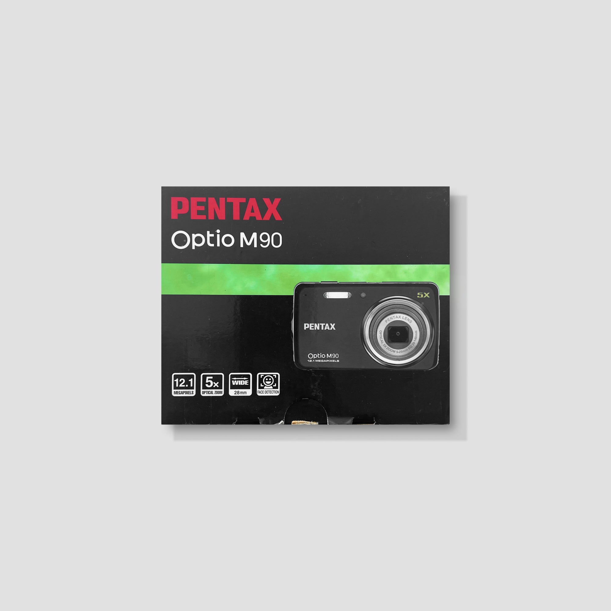 Front view of Pentax Optio M90 compact digital camera highlighting its slim profile