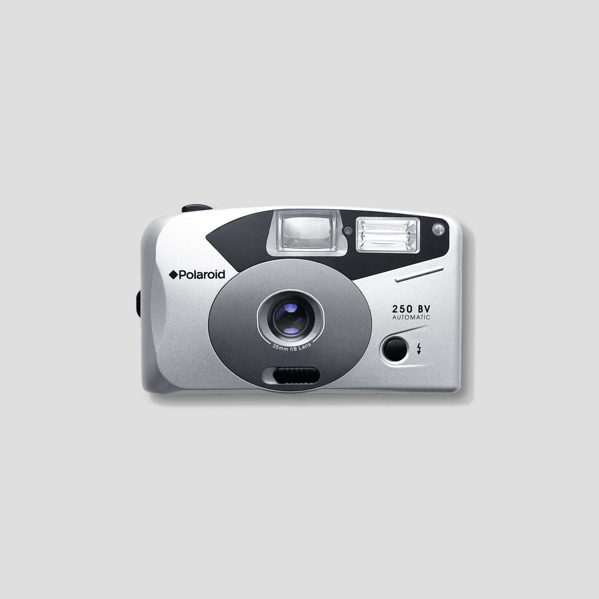 Close-up of the Polaroid 250 BV camera showcasing its sleek design and macro lens.
