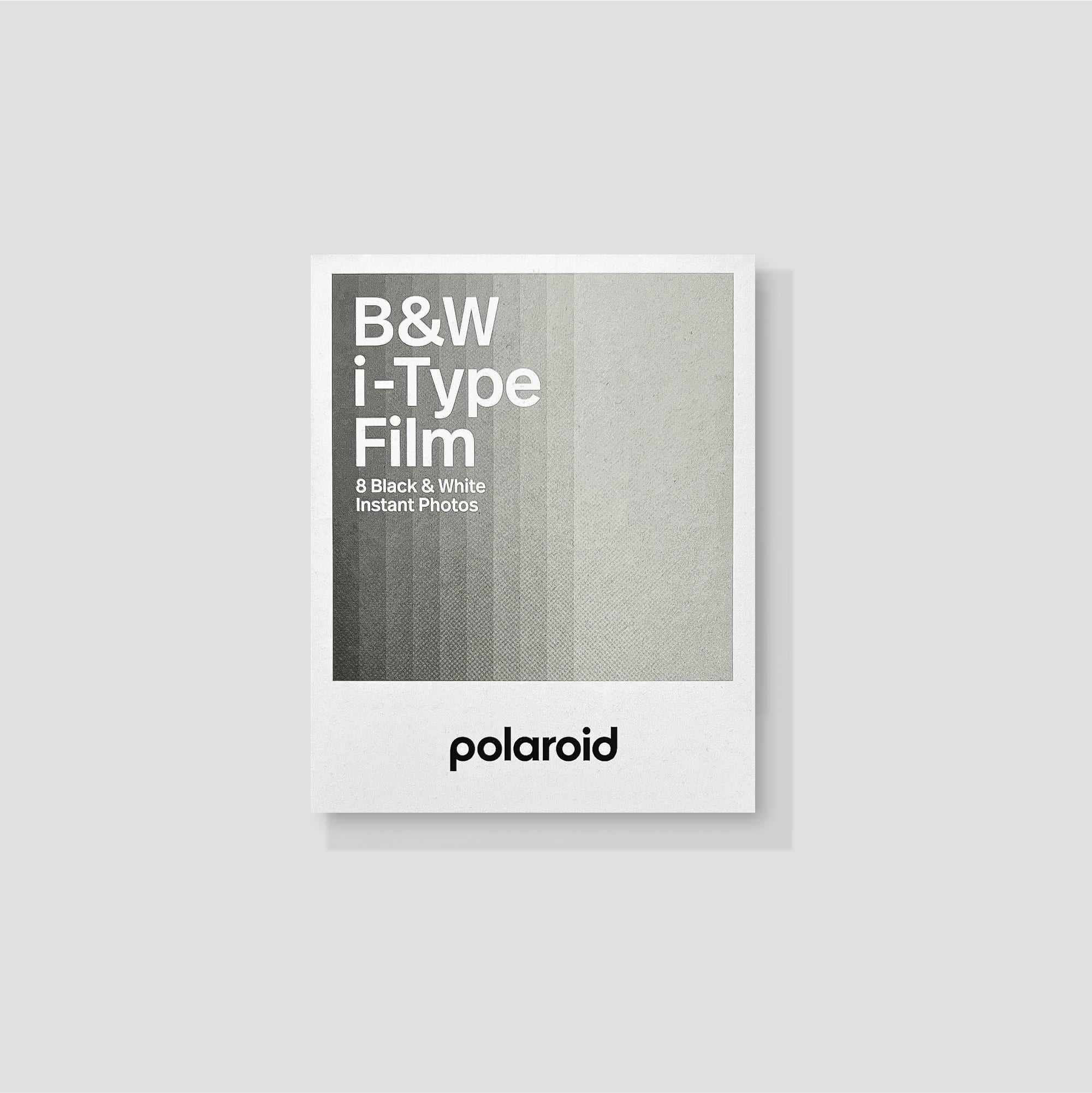 Front view of Polaroid B&W i-Type film box, showcasing branding and packaging design