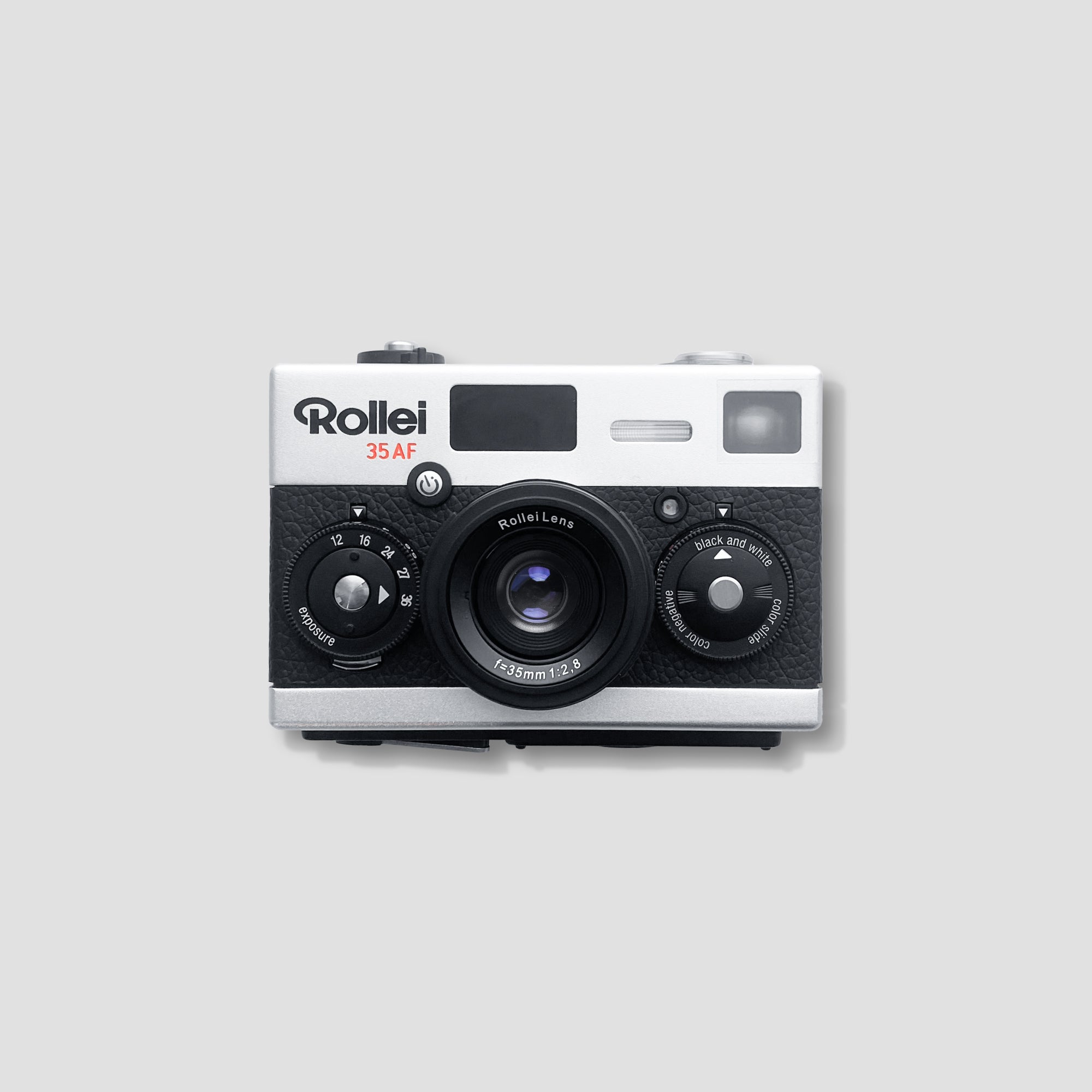 Rollei 35 AF front view showing its compact size and retro design