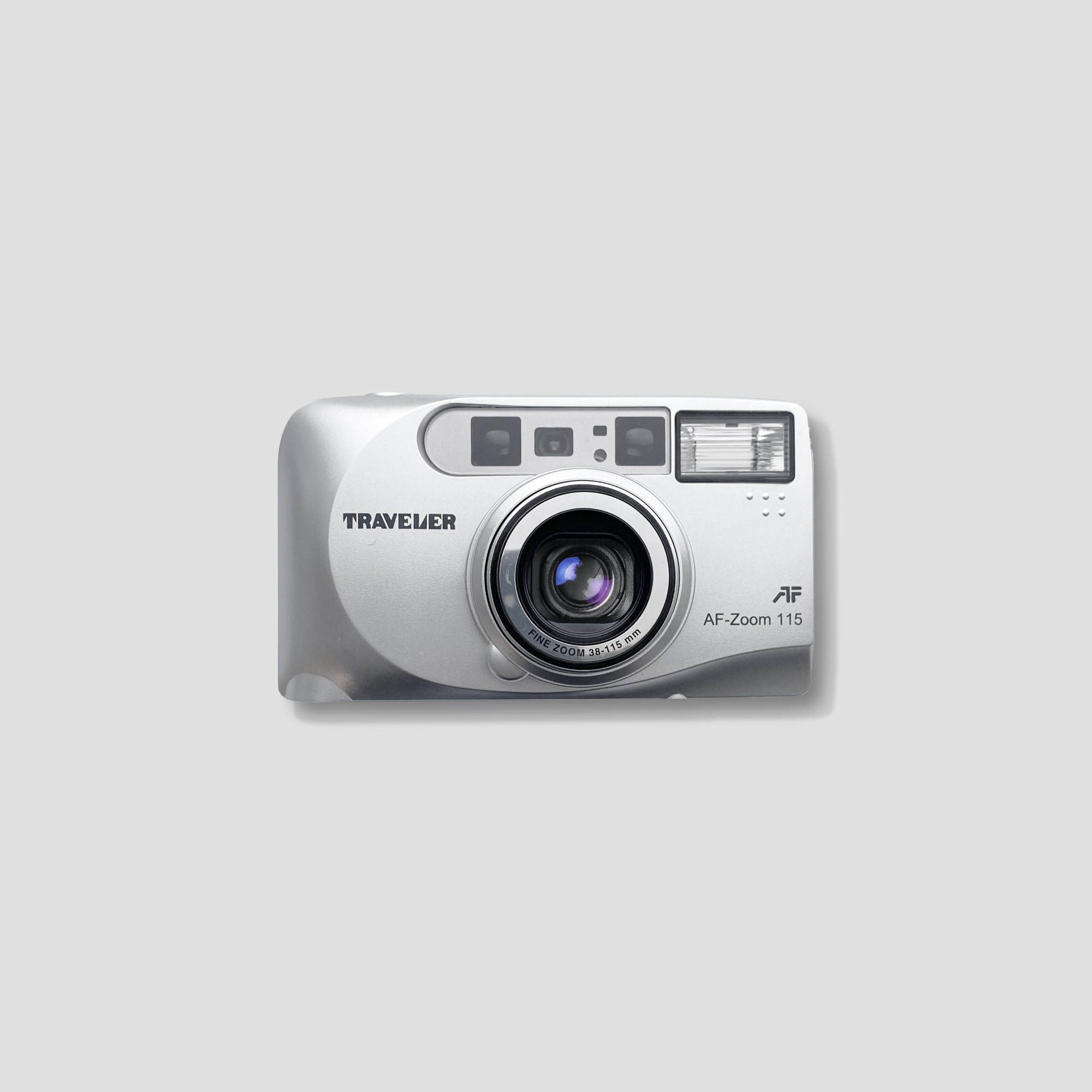 Traveler AF-Zoom 115 camera front view with lens extended, perfect for travel photography