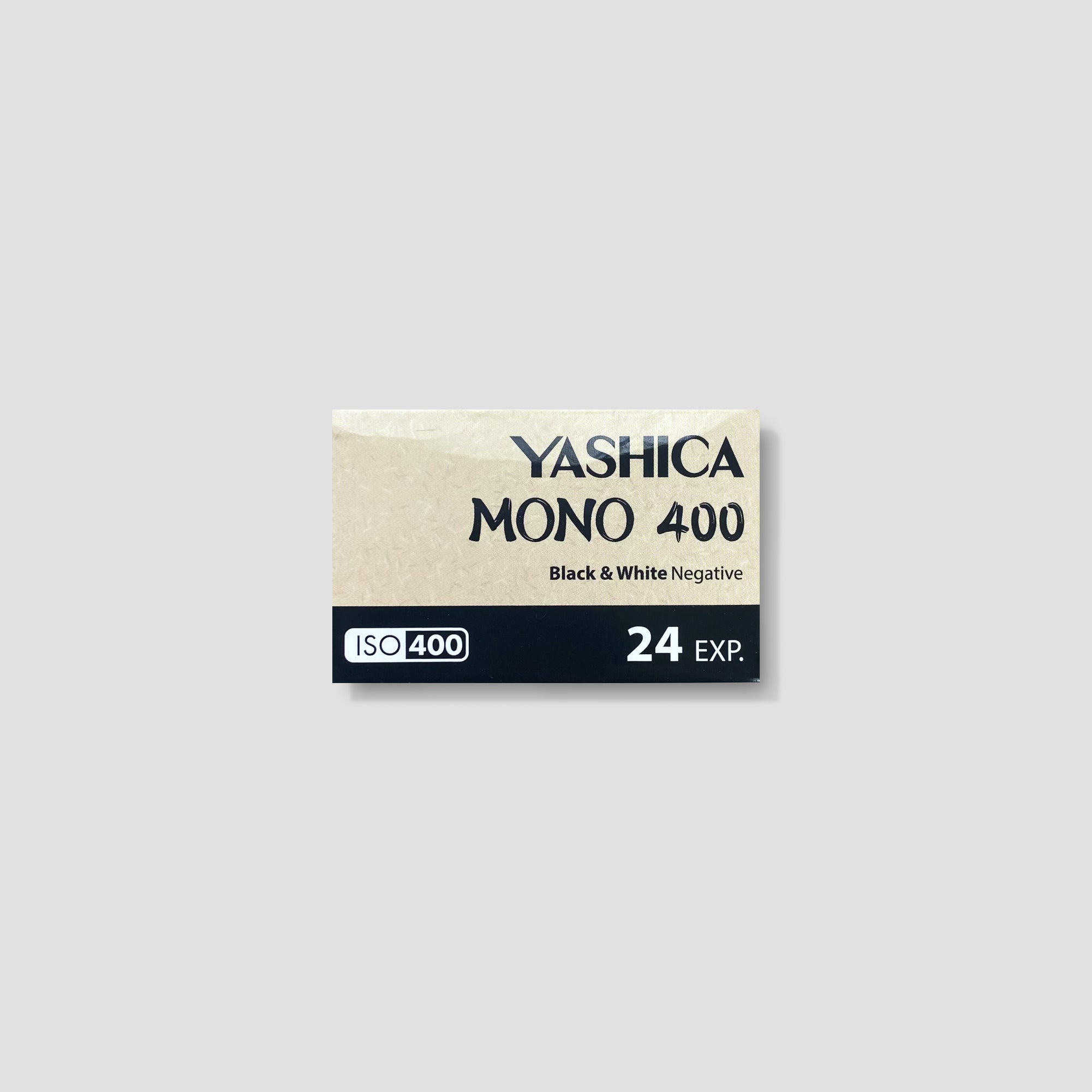 Yashica Mono 400 black and white film roll showcasing its packaging and specifications