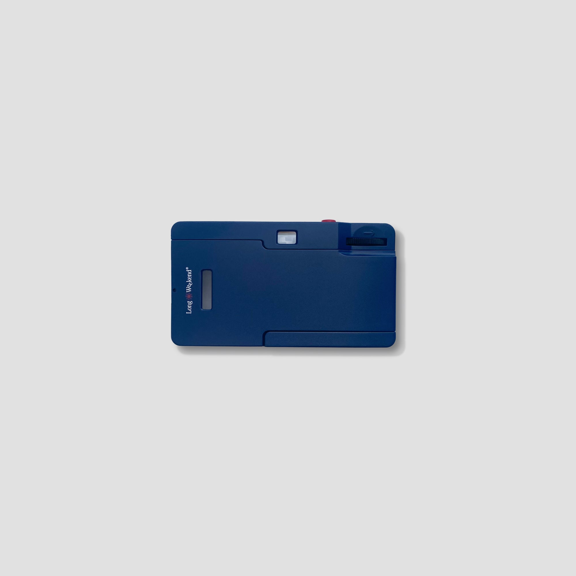Front view of the compact film camera with built-in flash and classic design