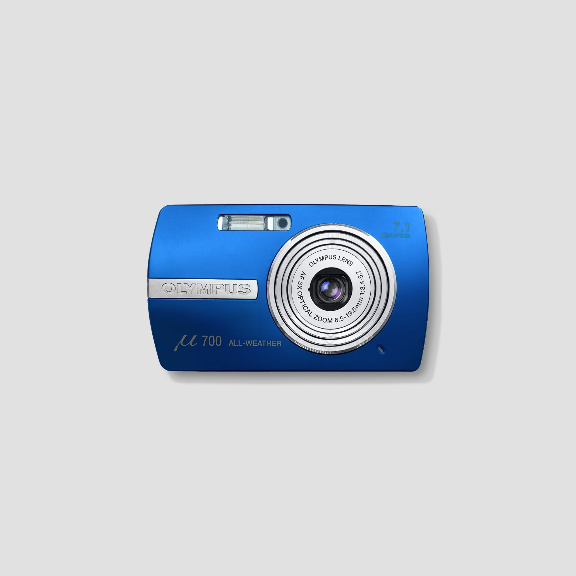 Front view of Olympus Stylus 700 blue compact digital camera showcasing its sleek weatherproof body