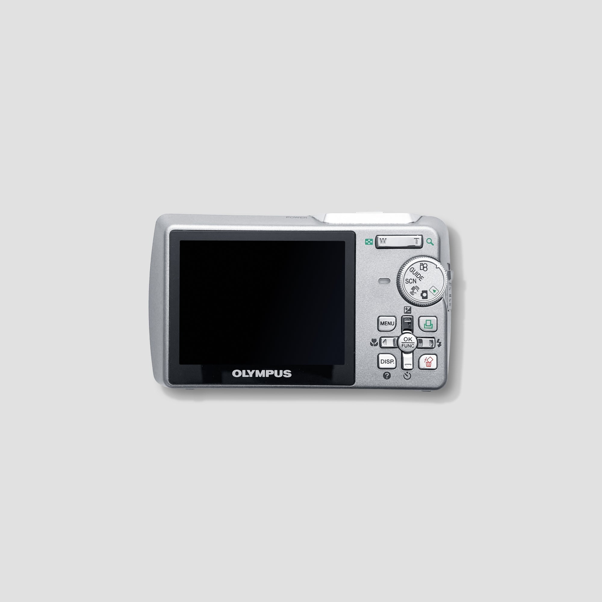 Detailed view of Olympus MJU 740s 7.1 megapixel camera with zoom features.