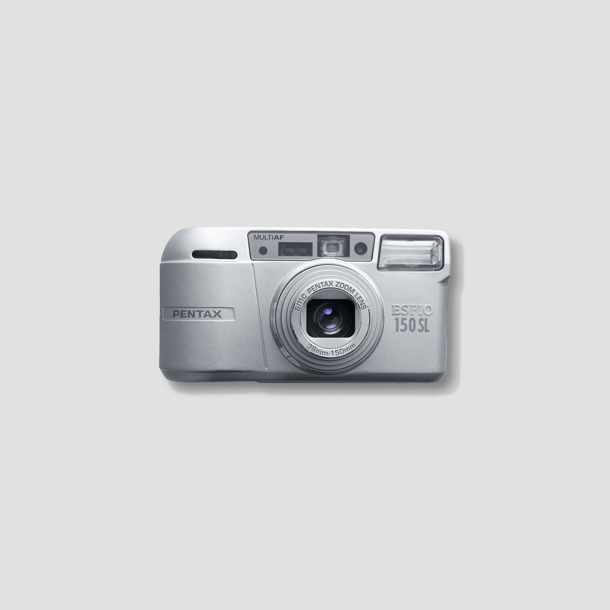 Pentax Espio 150SL film camera from a side angle, highlighting its compact size and stylish design.