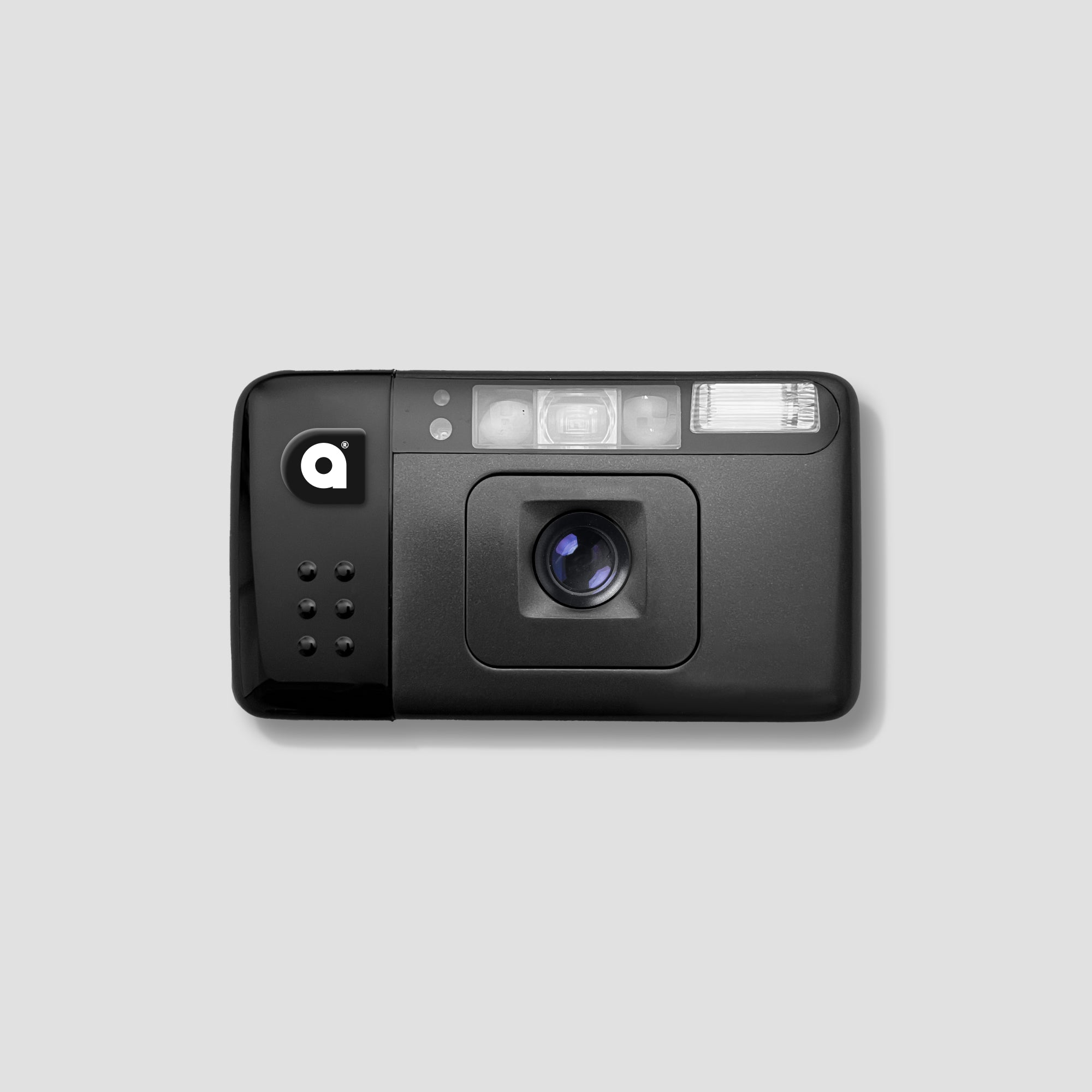 Mini 35mm film camera with flash, showcasing its sleek design and features.