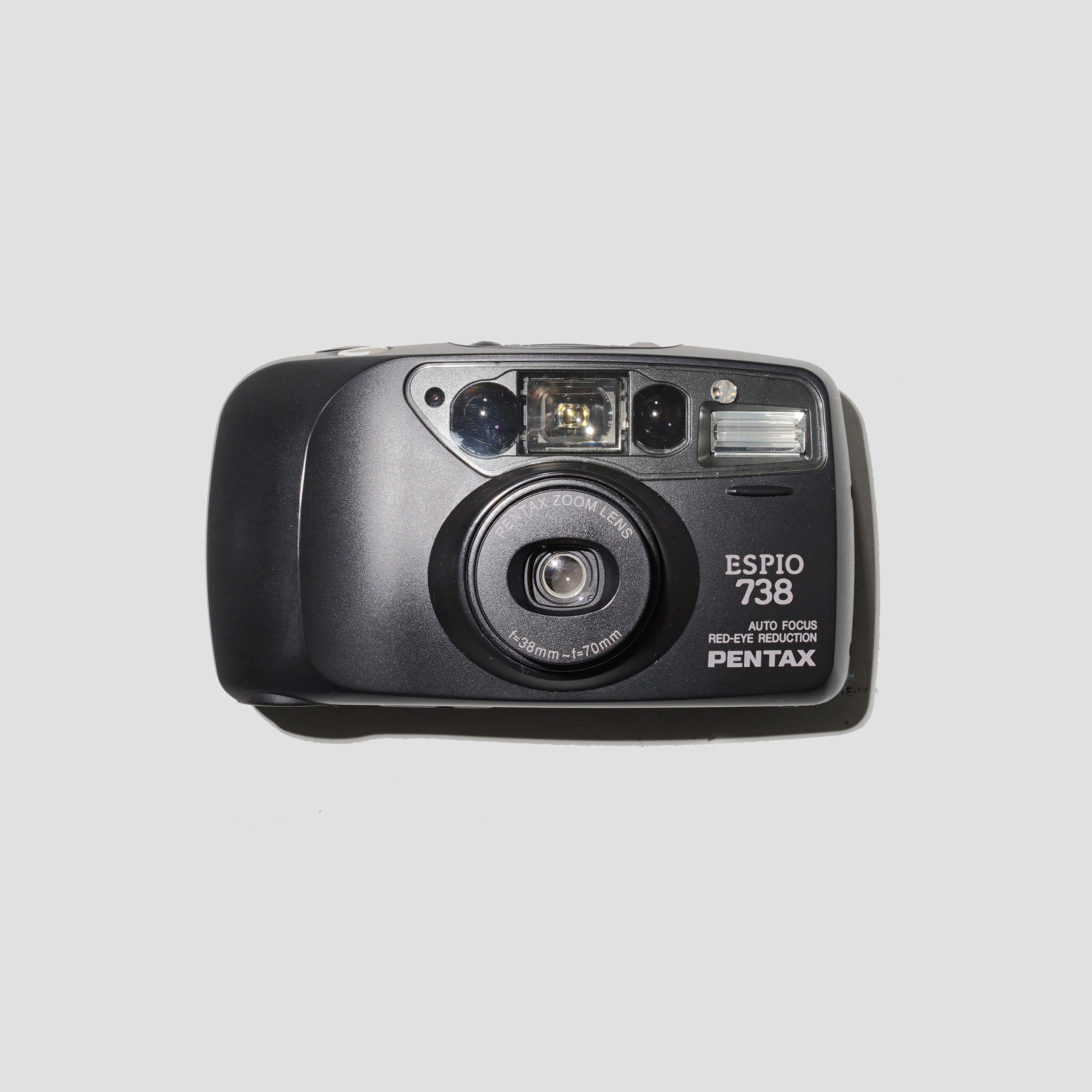 Close-up of the Pentax Espio 738 Black with zoom lens extended