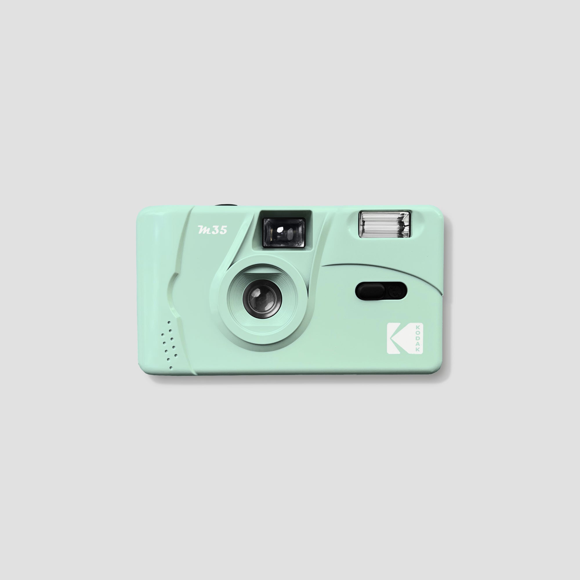 Kodak M35 compact camera in light blue color, showcasing its sleek design and built-in flash.