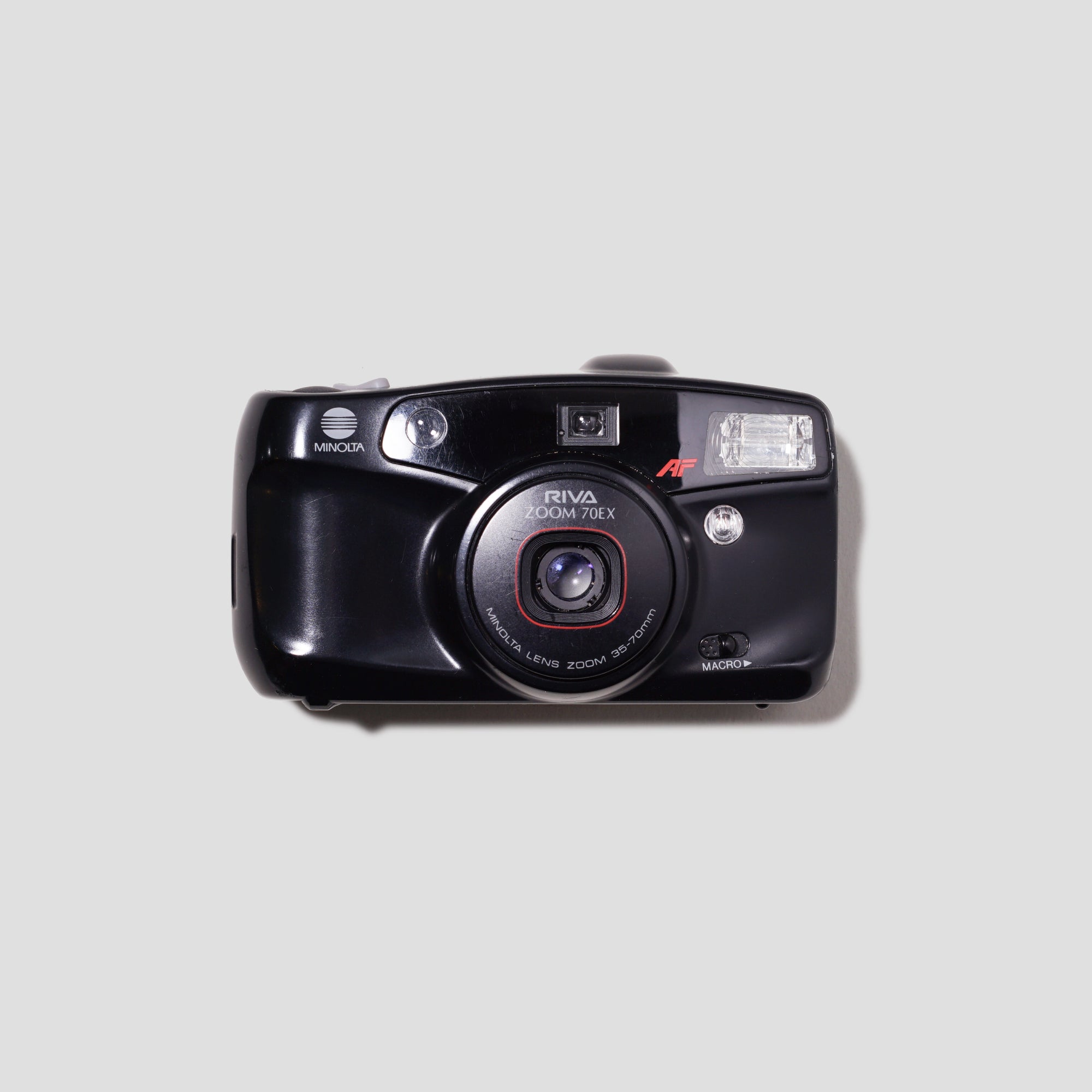 Front view of Minolta Riva Zoom 70 EX compact 35mm film camera with zoom lens