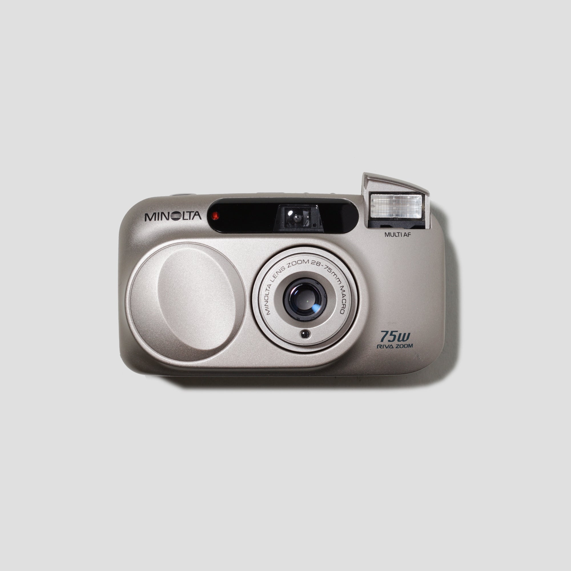 Front view of Minolta Riva Zoom 75w point and shoot camera.